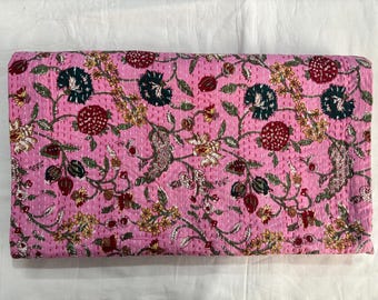 Pink Floral Kantha Quilt Bedsheet – Handcrafted Cotton Bed Cover, Boho Vintage Bedding, Reversible Throw Blanket
