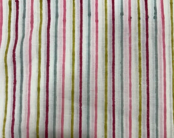 May include: White fabric with vertical stripes in various colors. The stripes include pink, dark red, light green, and gray. The fabric has a slightly textured appearance.