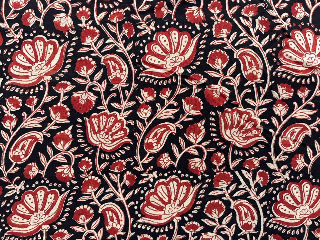 Hand Block Print Cotton Fabric – Red Floral on Black, Soft Sewing ...