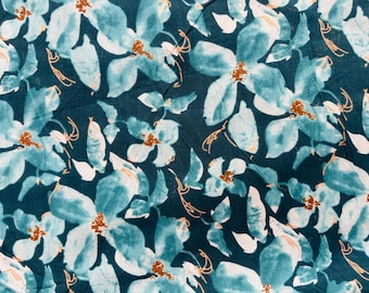 Aqua Blue Floral Cotton Fabric – Hand Block Print, Teal Dressmaking