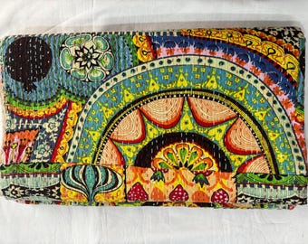 Colorful Patchwork Kantha Quilt Bedsheet – Bright Boho Cotton Bedspread, Reversible Handmade Blanket, Artistic Indian Vintage Throw