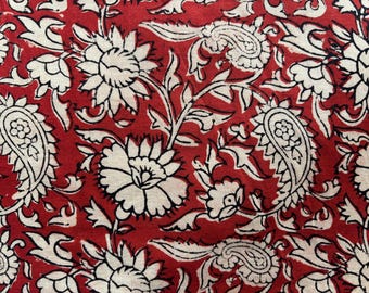 Red Floral Block Print Cotton Fabric – Natural Dyed Indian Textile