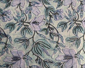Mint Blue Botanical Floral Cotton Fabric | Hand Block Print Dressmaking | Fabric by Yard | Sewing Material