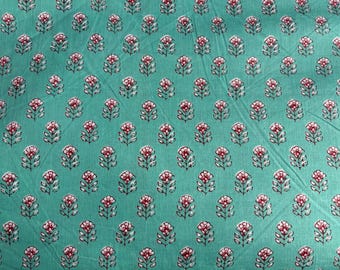 Aqua Green Floral Hand Block Printed Buti Cotton Fabric | Soft Jaipur Print Material | Fabric by the Yard | Ethnic Boho Sewing Material