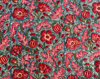 Bold Red Pink Floral on Teal Blue Base | Handblock Cotton Fabric | Jaipur Print | Fabric by Yard | Sewing Material | Natural Dyed