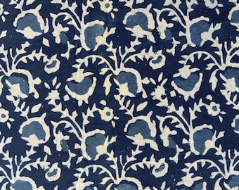 Indigo Floral Vine Block Print Cotton Fabric | Hand Printed Indian | Navy White | Indian Natural Dye | Fabric by the Yard | Sewing Material
