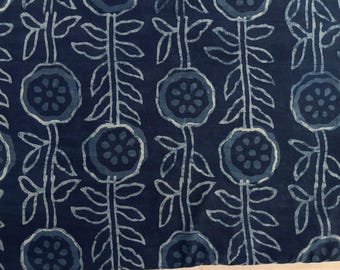 Indigo Blue Floral Cotton Fabric Hand Block | Indian Dabu Print | Natural Dyed | Fabric By The Yard | Material For Sewing