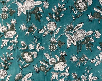 May include: Teal fabric with a repeating floral pattern. White and gray flowers and leaves are arranged on a teal background. The design includes various flower types and leaf shapes, creating a detailed and textured appearance. Ideal for textiles and home decor.