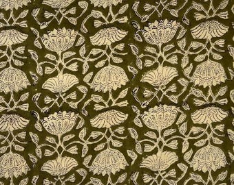Olive Green Beige Floral Hand Block Print Cotton Fabric | Vintage Indian Botanical Pattern | Fabric by the Yard | Sewing |Natural Dyed