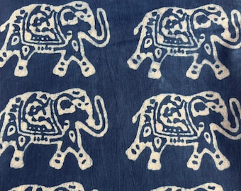 Indigo Elephant Block Print Cotton Fabric | Jaipur Bagru Print | Indian Natural Dye | Fabric by the Yard | Sewing Material