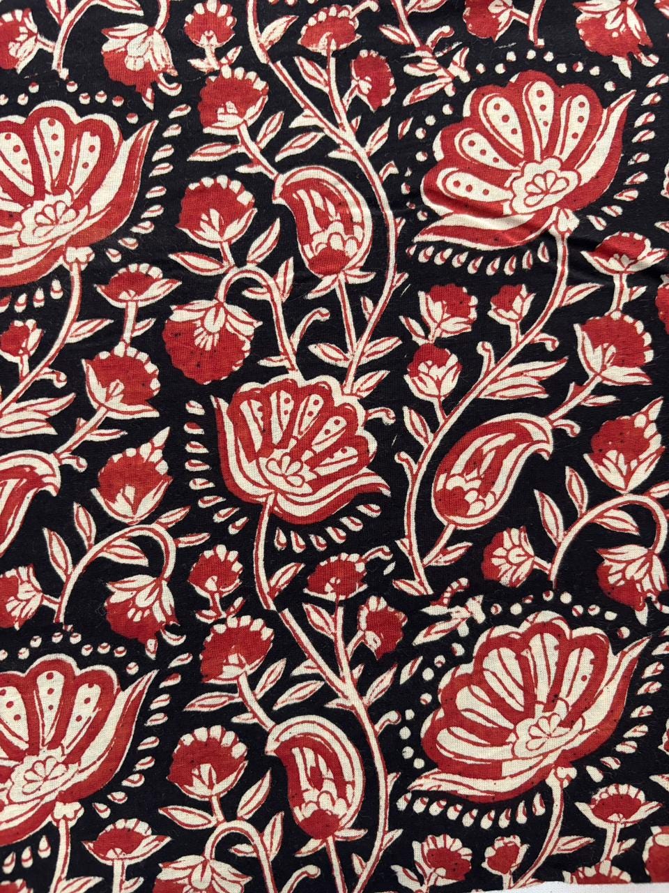Hand Block Print Cotton Fabric – Red Floral on Black, Soft Sewing ...