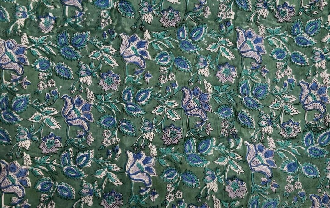 Sage Green Blue Floral Hand Block Print Cotton Fabric | Indian ...