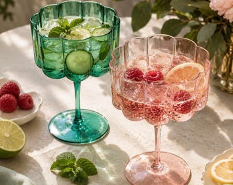 Flower Petal Coupe Glass 8.5 oz – Emerald Green or Soft Pink Scalloped Cocktail & Dessert Glass, Vintage Wedding Toast Glasses