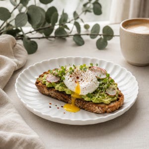Pode incluir: Uma fatia de pão de massa fermentada torrado coberta com abacate amassado, um ovo escalfado com gema líquida, fatias finas de rabanete e microverdes frescos num prato de cerâmica branca com bordas onduladas, temperado com pimenta preta.