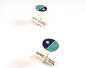 Blue Cufflinks - Wedding Jewelry - 925 Sterling Silver - Lapis Inlay