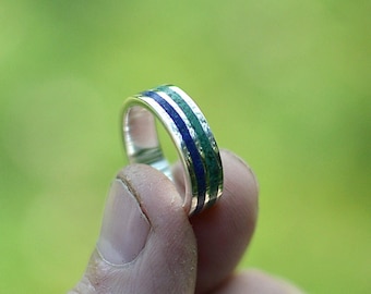 Wedding  Band Set, TWO Sterling Silver Rings, Blue Engagement Ring, Green, Color Lines, Unisex, Contemporary, Modern, Something Blue