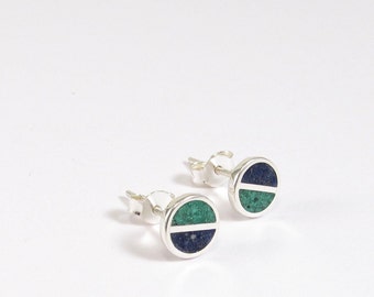 Blue and Green Ear Studs - Sterling Silver Earrings - Malachite Lapis Inlay