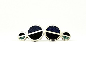 Clous d'oreilles géométriques - Argent sterling 925 - Design contemporain minimal - Lapis lazuli incrusté de couleur - Bijoux parfaits pour elle