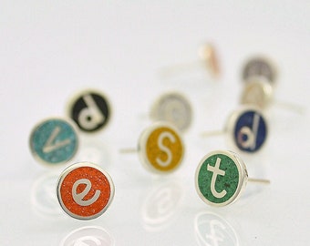 Personalized Initial Ear Studs - Color Earrings - Sterling Silver 925 - Naturally Color Inlay Stone - Gift for her