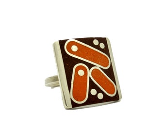 Geometric Sterling Silver Ring - Orange and Chocolate Color - Inlay Stone Statement Ring - Contemporary Design