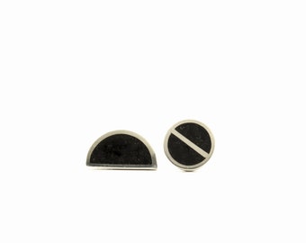 Black sterling silver ear studs - Asimetric earrings -  Minimal design