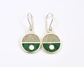 Sterling Silver Earrings - White and Green Circles - Natural Colors Inlay Crushed Stones - Geometric and Minimal Design