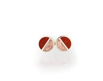 Pink Ear Studs - Sterling Silver 925 - Rodochrosite Stone Inlay