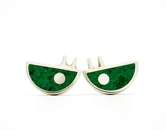 Sterling Silver Earrings - Green Bug - Ear Studs