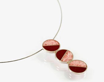 Sterling Silver Pendant: Pink & Red Divided Circles, Modern Necklace