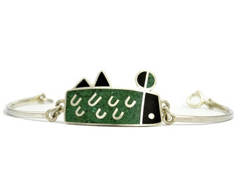 Sterling Silver Bracelet - Geometric Playful and Colorful Jewelry - Black and Green Inlay Stone - Naturally Colored Jewelry