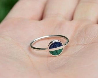 Saturn Ring - Blue and Green - Sterling Silver 925 - Minimal Space Ring - Gift for Her