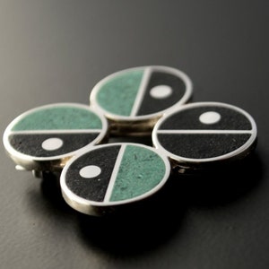 Sterling Silver Brooch - Minimal Geometric Design - Contemporary Mid Century - Green White and Black