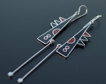 Geometric Earrings - Sterling Silver 925 - Black Tribal Design Contemporary Geometric Large Earrings - Playful and Colorful Jewelry