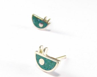 Turquoise Studs - Sterling Silver 925 - Bug Earrings - Geometric Minimal Contemporary Design - Naturally Colored with Crushed Stones