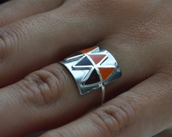 Tribal Ring - Sterling Silver 925 - Color Stone Inlay - Orange Ring - Gift for Her - Geometric Triangle Ring