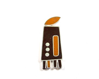 Sterling Silver Brooch -  Contemporary Mid Century Design - Chocolate Orange Color - Naturally Colored Jewelry Crushed Stone Inlaid