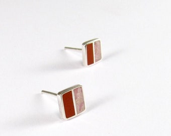 Square Pink Studs - Sterling Silver Earrings - Minimal Contemporary Geometric Design - Rodochrosite Inlay Stone - Playful Colorful Jewelry