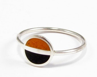 Saturn Ring - Sterling Silver 925 - Black and Orange Saturn Minimal Design - Naturally Colored Jewelry