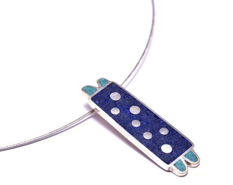 Sterling Silver Pendant - Blue and Turquoise - Marine Figures - Colorful and Playful Design - Modern Contemporary Pendant