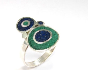 Bubbles Ring - Sterling Silver 925 - Green and Blue Colors - Inlay Stone Lapis and Malachite - Gift for her