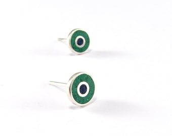 Green Ear Studs - Sterling Silver Earrings - Malachite Inlay - Gigt fo Her Minimal Geometric Design