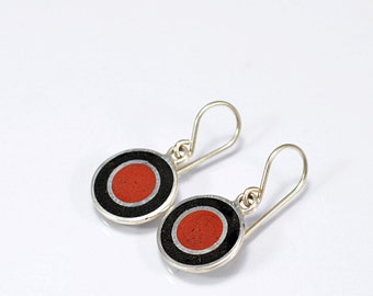 Sterling Silver Earrings - Black and Reddish Circles