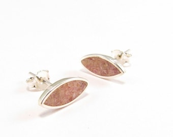 Pink Ear Studs - Sterling Silver Earrings - Rodochrosite Inlay