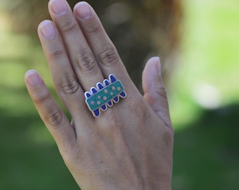 BIG Ring - 925 Sterling Silver - Statement Ring - Gift for Her - Modernist Brutalist Jewelry - Lapis Malachite Inlay