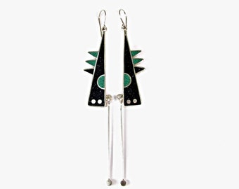 Sterling Silver Earrings - Kinetic Design -  Black and Green