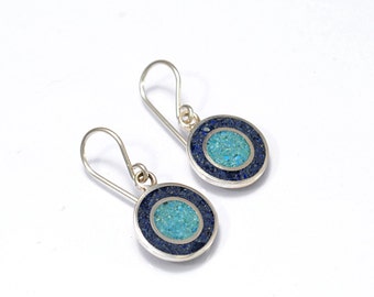 Blue Earrings - Sterling Silver 925 - Circles Jewelry - Naturally Colored with Stone Lapis Inlays