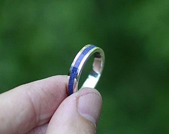 Blue Wedding Band - Sterling Silver 925 - Lapis Inlay Stone - Engagement Ring - Naturally Colored Jewelry