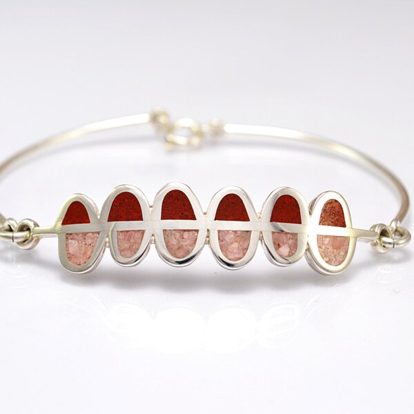 Sterling Silver Inlay Bracelet: Pink & Red Stone, Modern Design