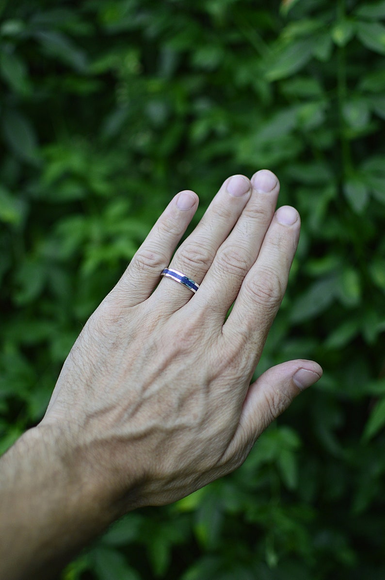 Blue Wedding Band, Sterling Silver 925, Lapis Stone Inlay, Something Blue, Naturally Colored Rings, Lapis lazuli Inlaid Stone in a hand