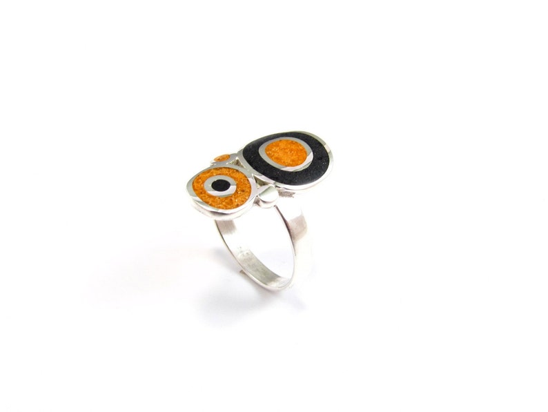 Sterling Silver Ring Black and Orange Bubbles Contemporary Ring for Gift Color Stone Inlay image 2